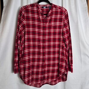 Lands End Womens Size S OEKO-TEX Red Plaid Flannel PJ Top Pockets Band Collar‎